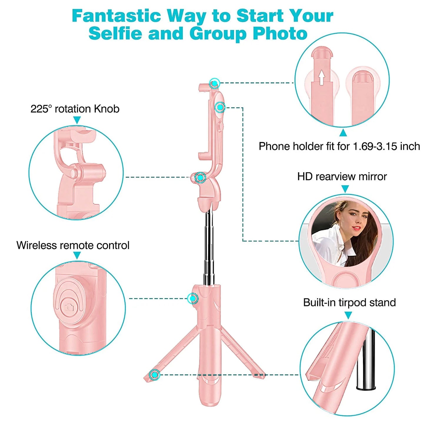 Accreate Bluetooth Selfie Stick, Extendable Tripod, Wireless Remote