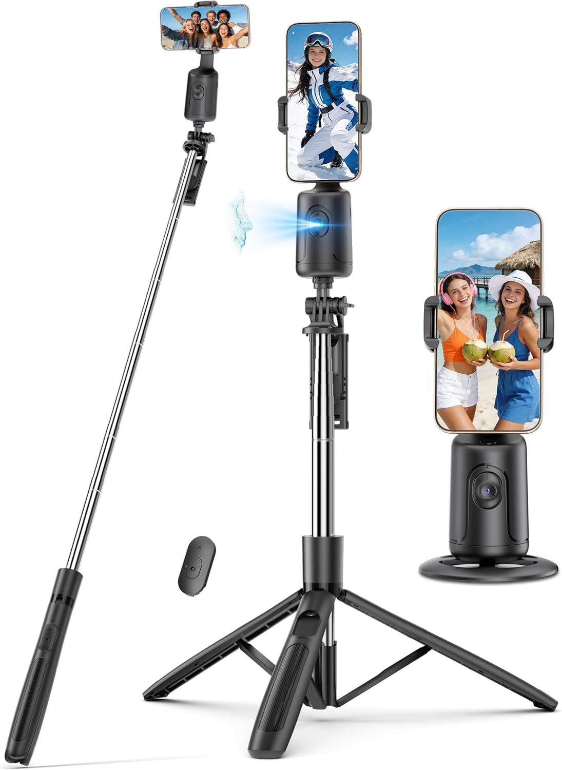 66" Auto Face Tracking Tripod for Iphone, 360° Rotation Face Body Phone Tripod Stand with Remote, Smart Shooting Holder Camera Selfie Stick for Tiktok Vlog Video Recording, Gesture Control, No App