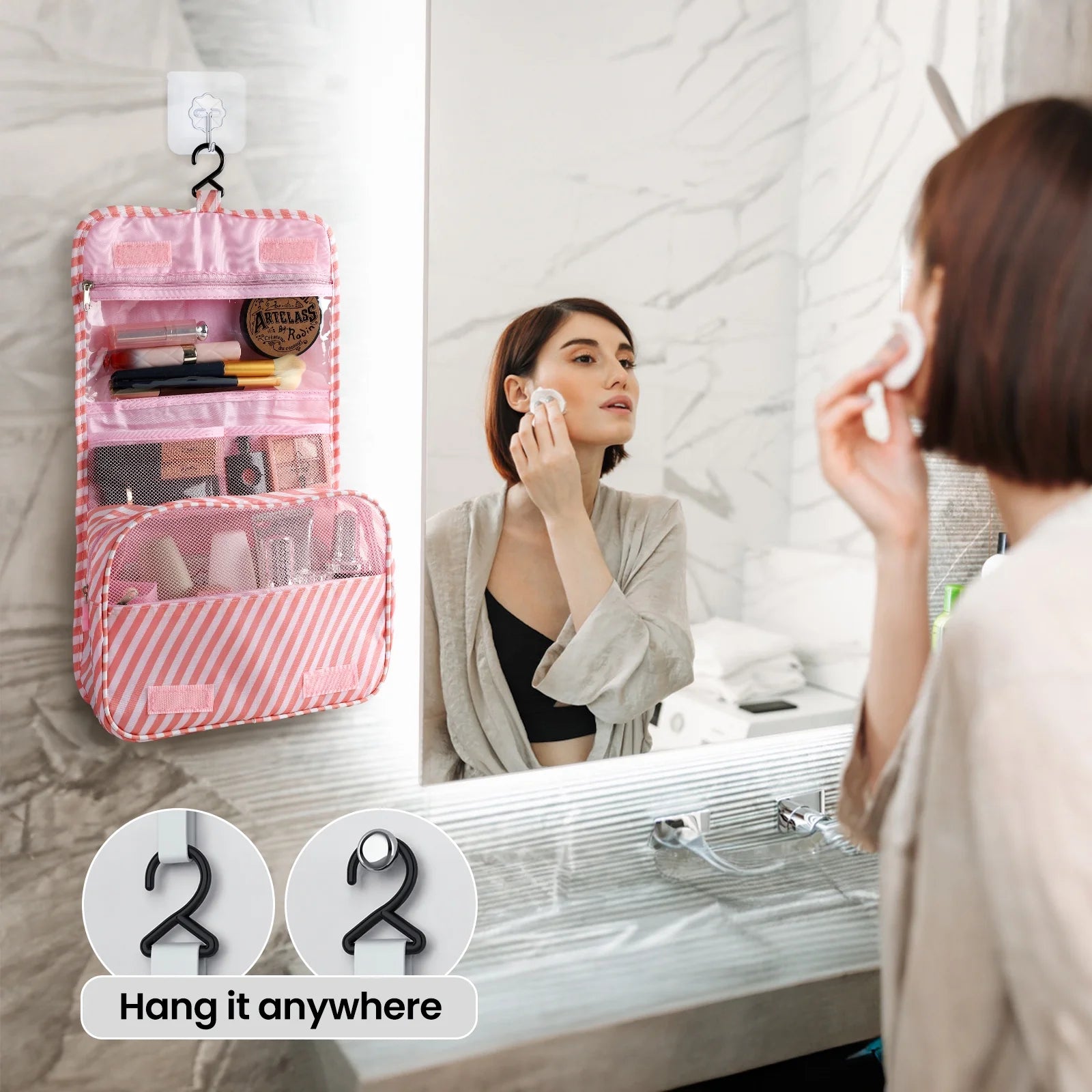 Portable Travel Toiletry Bag Travel Home Organizer Carry Cosmetic Makeup Bag, Wash Organizer Storage Handbag Pouch Bag, Pink Stripe