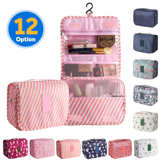 Portable Travel Toiletry Bag Travel Home Organizer Carry Cosmetic Makeup Bag, Wash Organizer Storage Handbag Pouch Bag, Pink Stripe