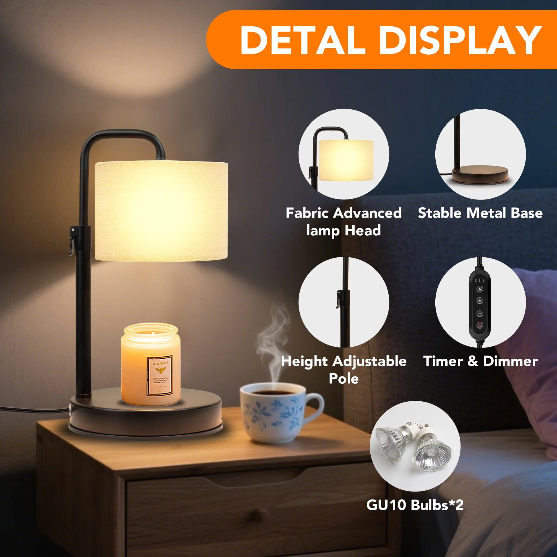 Candle Warmer Lamp with Timer, Dimmable,Adjustable Height Wax Warmer Lamp with 2*50W Bulbs, House Warming Gifts for Mom Friend Bedroom Home Decor