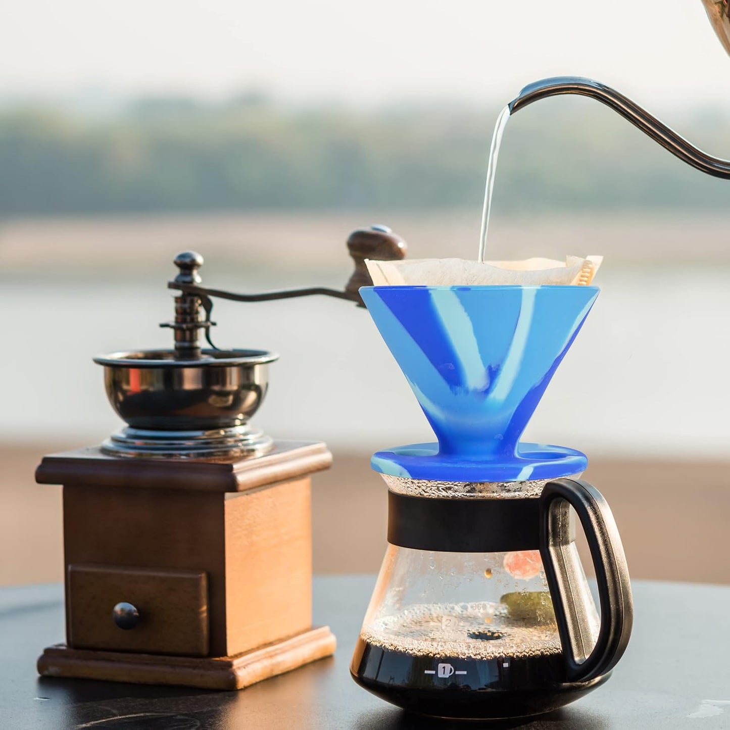 the Original Javaflex Premium Foldable Silicone Pour over Coffee Maker and Storage Pouch. Uses #2 V60 Cone Coffee Filters