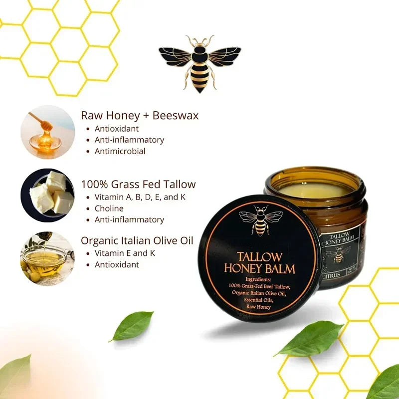 Organic Grass Fed Beef Tallow Balm with Raw Honey Moisturizing Cream for Soft Smooth Skin Handmade All-Natural Moisturizer Skin