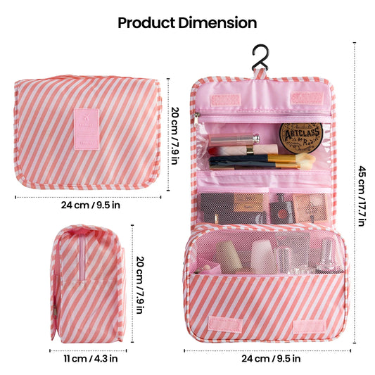 Portable Travel Toiletry Bag Travel Home Organizer Carry Cosmetic Makeup Bag, Wash Organizer Storage Handbag Pouch Bag, Pink Stripe
