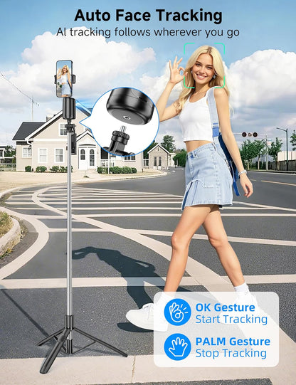 66" Auto Face Tracking Tripod for Iphone, 360° Rotation Face Body Phone Tripod Stand with Remote, Smart Shooting Holder Camera Selfie Stick for Tiktok Vlog Video Recording, Gesture Control, No App