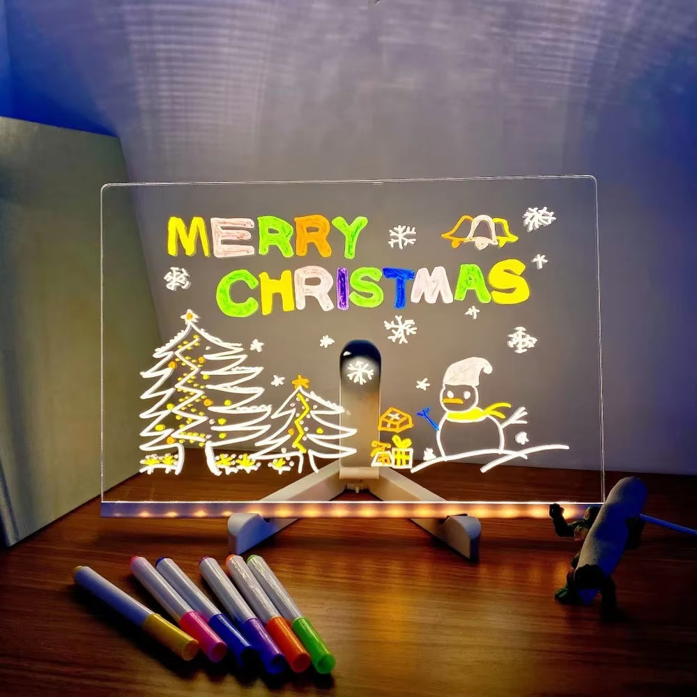 LED Note Board Night Light with Colorful 7 Pens DIY Acrylic Message Board Erasable Painting Drawing Board for Kids Birthday Gift