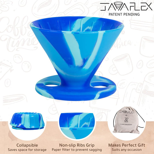 the Original Javaflex Premium Foldable Silicone Pour over Coffee Maker and Storage Pouch. Uses #2 V60 Cone Coffee Filters