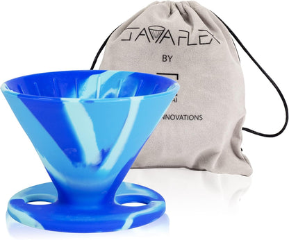 the Original Javaflex Premium Foldable Silicone Pour over Coffee Maker and Storage Pouch. Uses #2 V60 Cone Coffee Filters