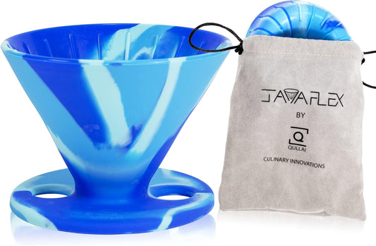 the Original Javaflex Premium Foldable Silicone Pour over Coffee Maker and Storage Pouch. Uses #2 V60 Cone Coffee Filters