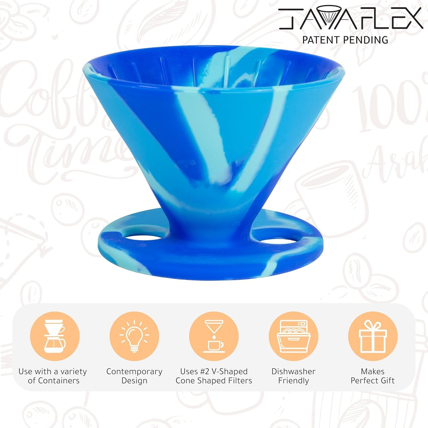 the Original Javaflex Premium Foldable Silicone Pour over Coffee Maker and Storage Pouch. Uses #2 V60 Cone Coffee Filters