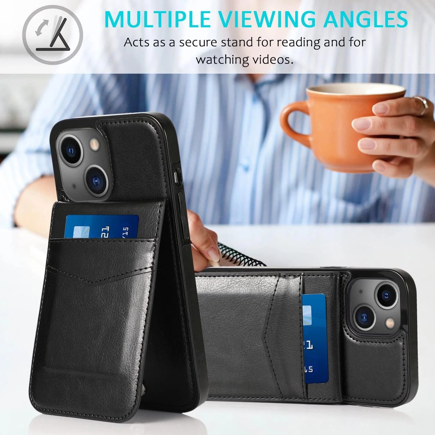 Wallet Case for Apple Iphone 15 plus Leather Wallet Card Holder Case, Built in Kickstand with 6 Card Slots Holder for Apple Iphone 15 Plus, Black