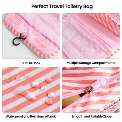 Portable Travel Toiletry Bag Travel Home Organizer Carry Cosmetic Makeup Bag, Wash Organizer Storage Handbag Pouch Bag, Pink Stripe