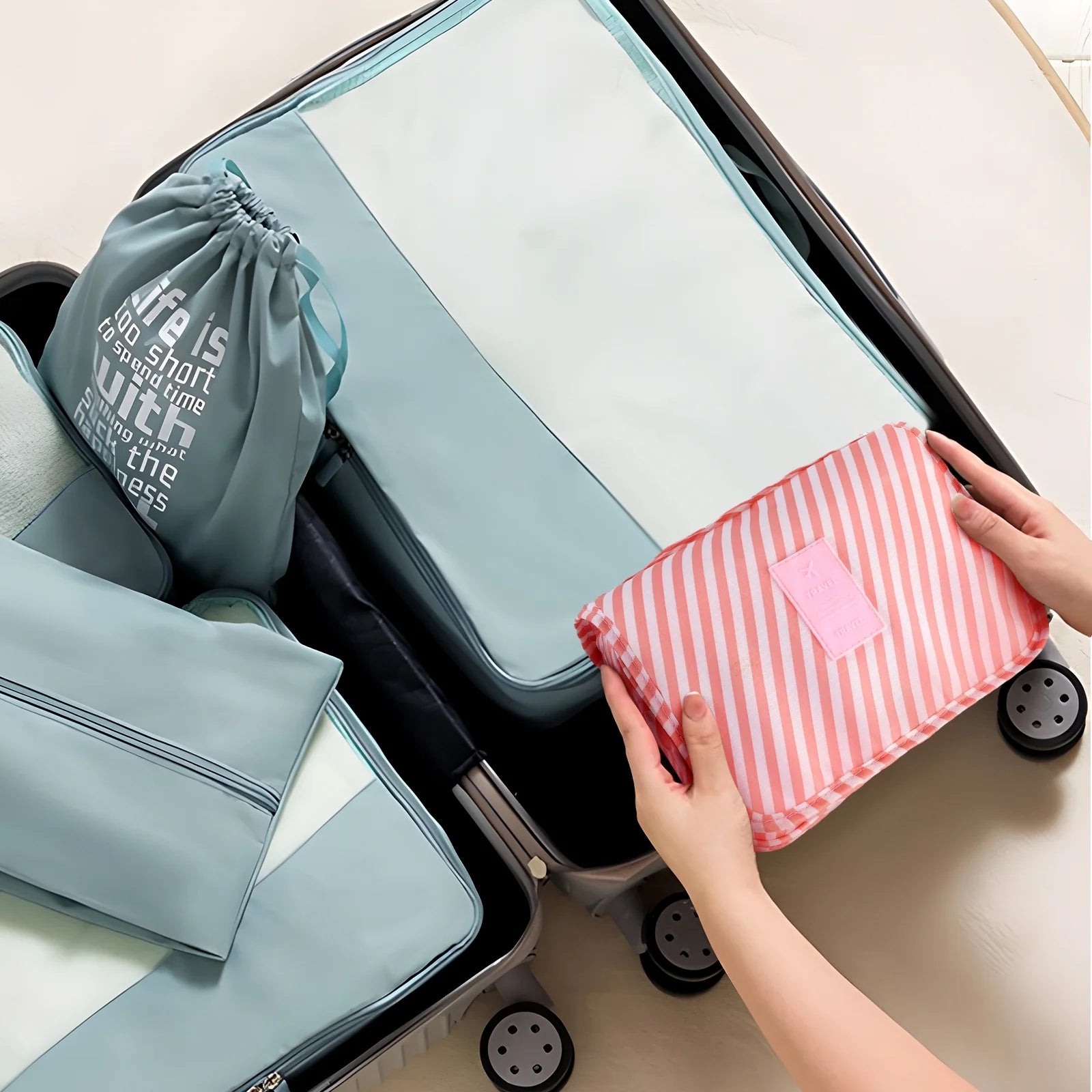 Portable Travel Toiletry Bag Travel Home Organizer Carry Cosmetic Makeup Bag, Wash Organizer Storage Handbag Pouch Bag, Pink Stripe